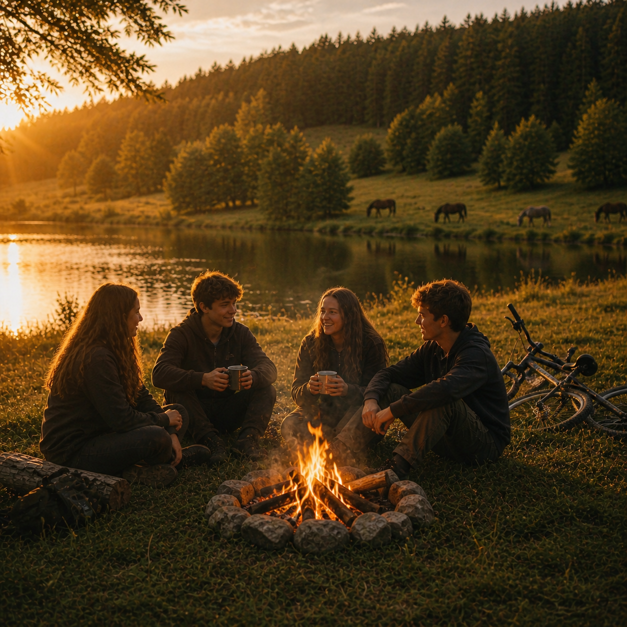 Obóz konno-rowerowy – biwak nad jeziorem